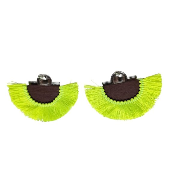Fringe Neon Yellow Half Moon Earrings Jewelry - Picture 2 of 4